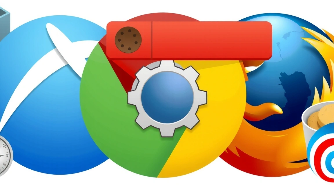 Iconos de diferentes navegadores web con un símbolo de configuración o engranaje, representando la gestión de cookies