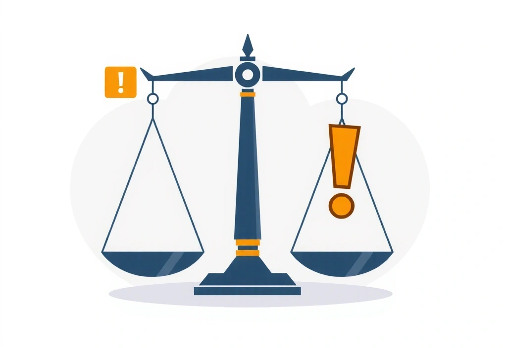 Ilustración de una balanza de la justicia y un signo de exclamación, simbolizando la importancia de los términos legales y las advertencias.