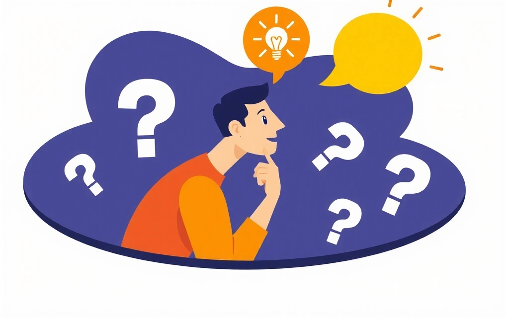 Ilustración de una persona pensando con signos de interrogación y una bombilla, simbolizando la resolución de dudas.