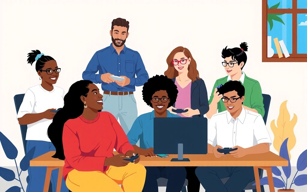Ilustración de una comunidad diversa interactuando de forma segura con elementos de juego online, con un enfoque en la responsabilidad.